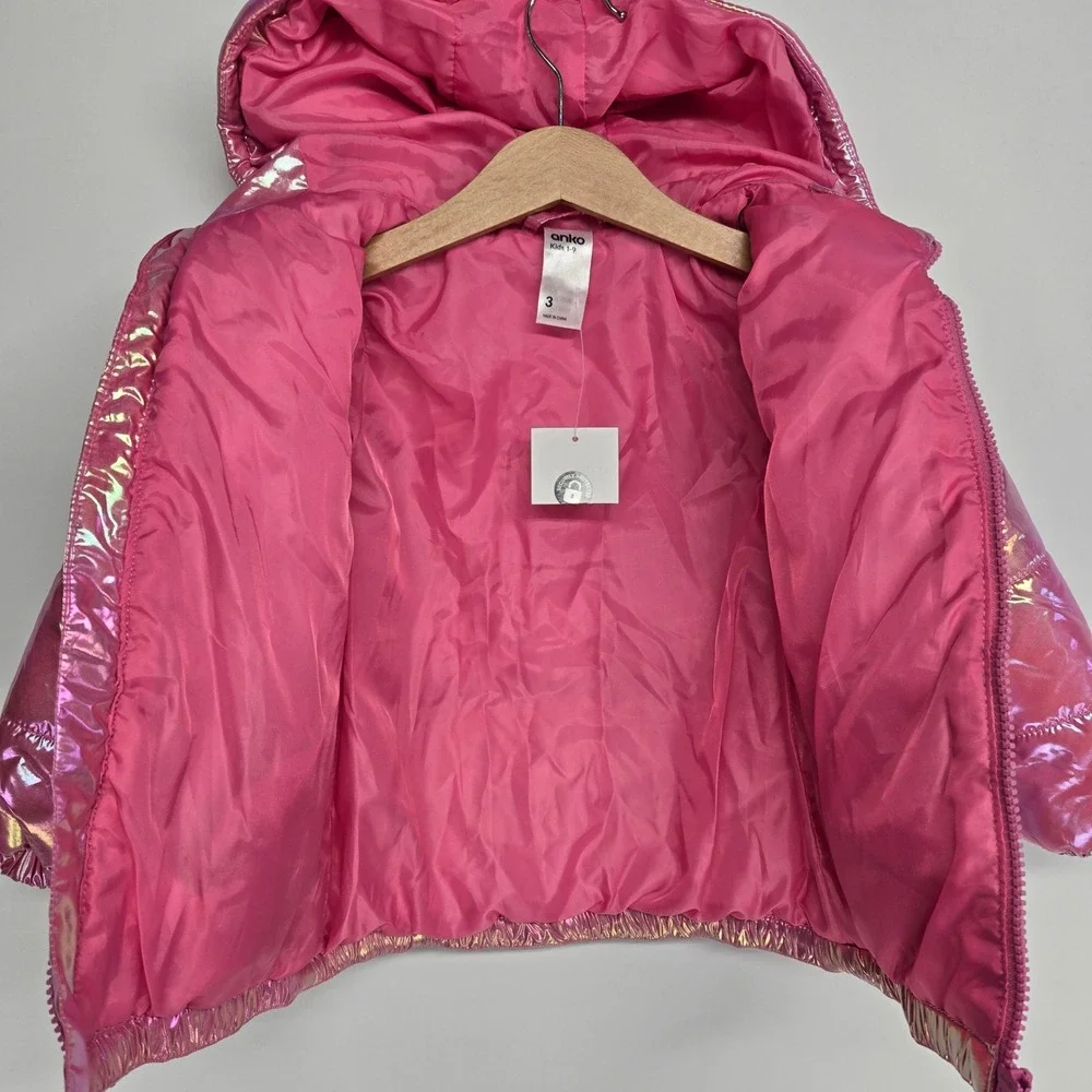 Anko Puffer Jacket Kids‎ Size 3 Pink Metallic Iridescent Hooded Winter Coat NEW